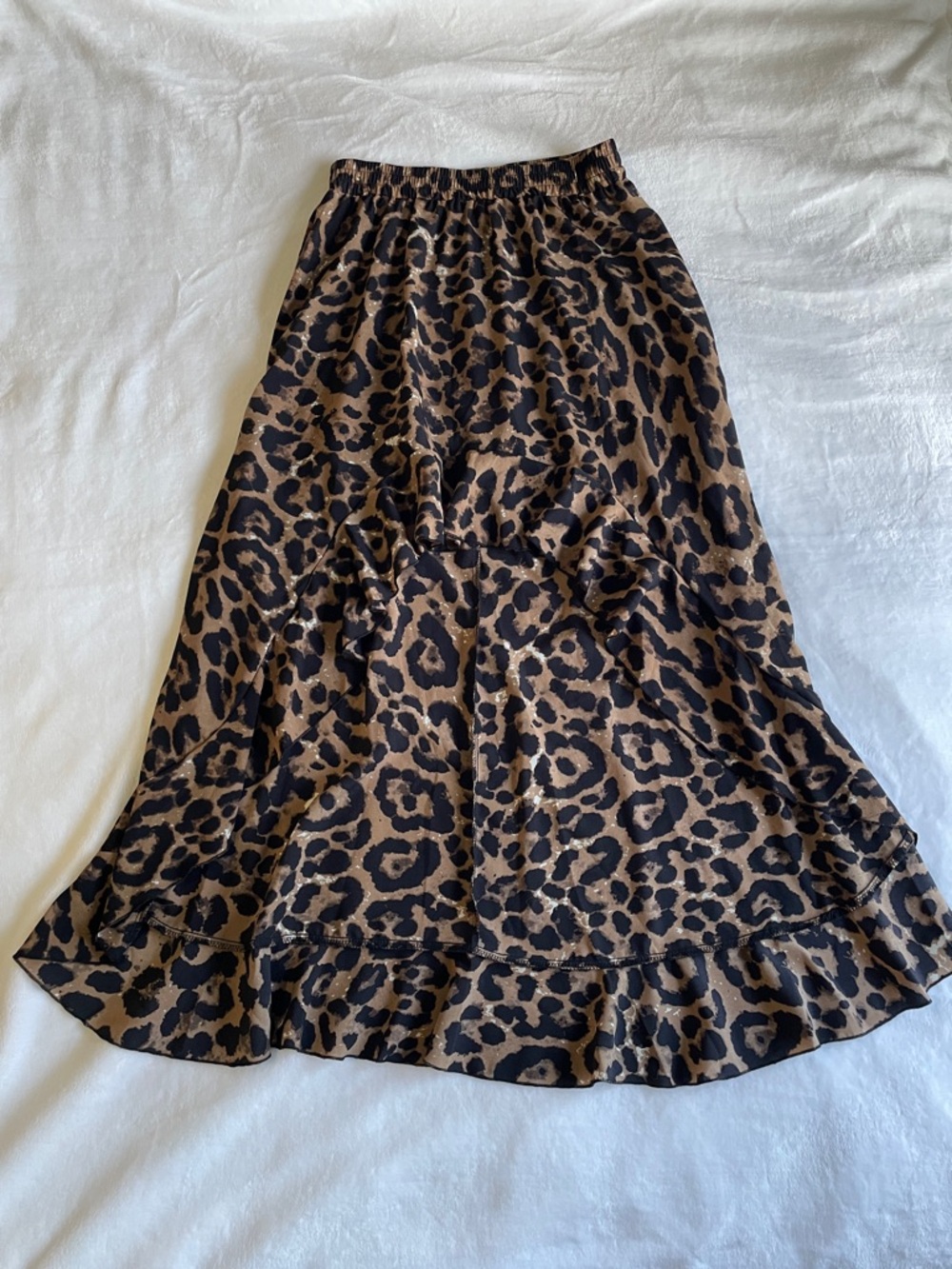 Leopard Print High Low Skirt - Brown/Black Midi Animal High Waisted Ruffle